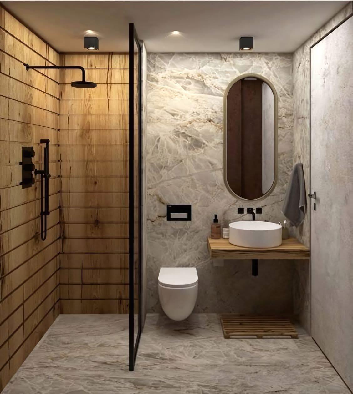 Salle de bain bois et pierre