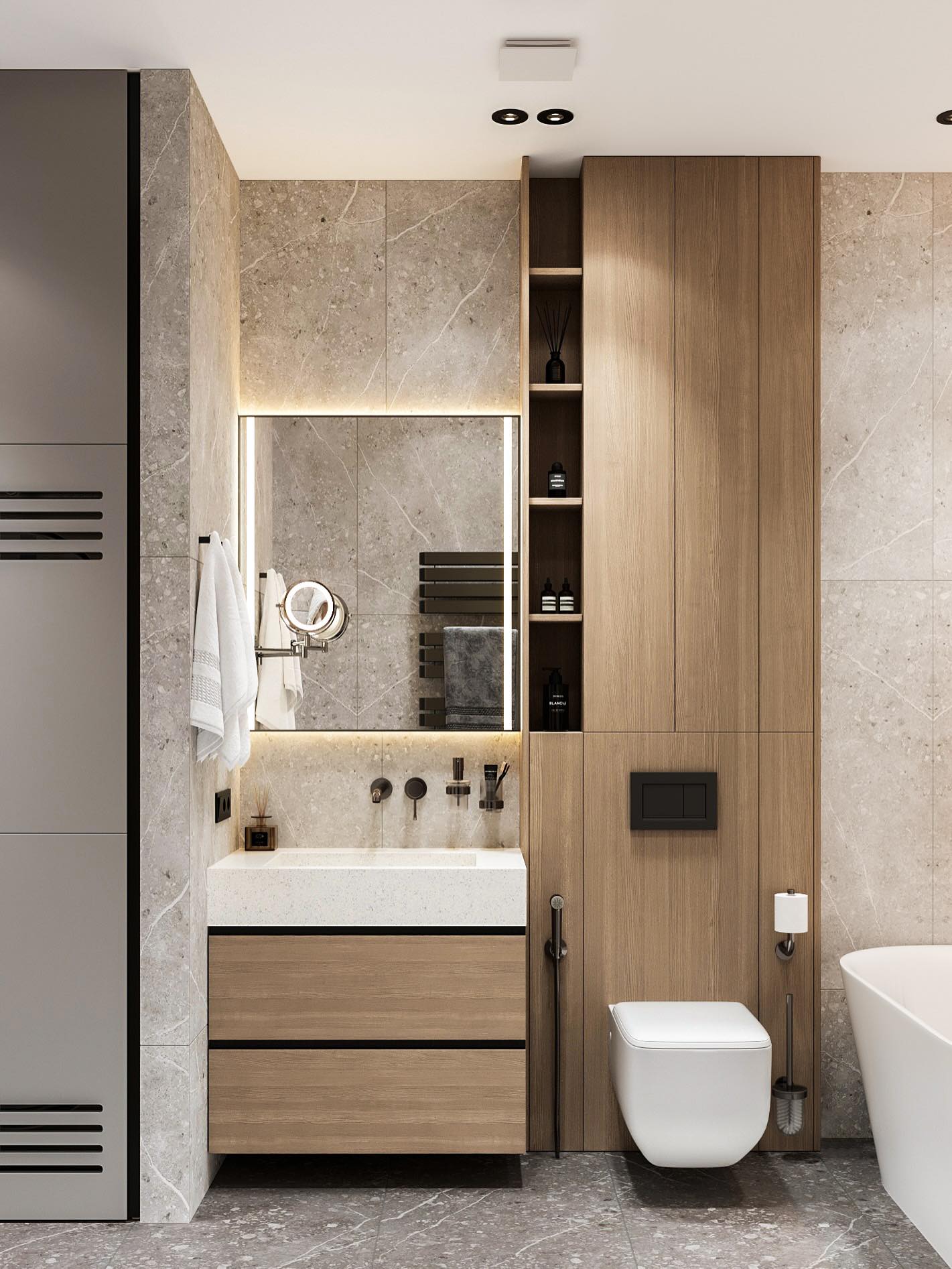 Salle de bain marbre et bois